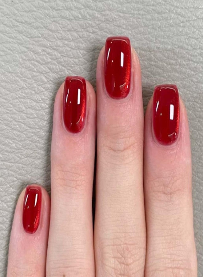 Foccna 30pcs Dark Red Press on Nails Cat Eye, Burgundy Fake Nails Square Short False Nails Glue on Nails - Image 1